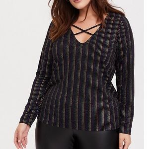 Black Multi-color Striped Rib Crisscross Top
